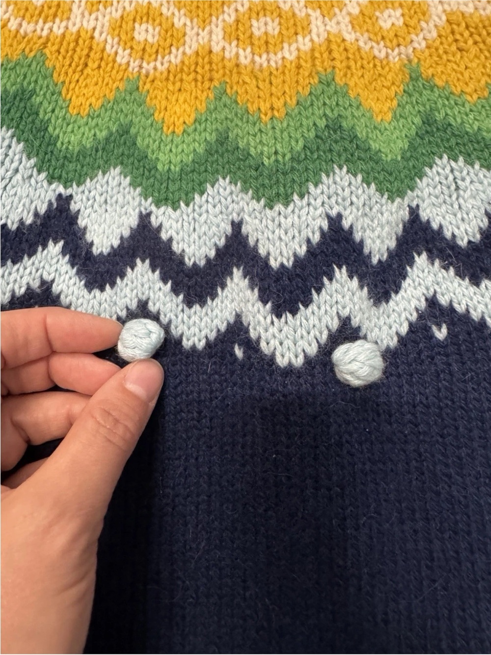 Boden Colorful Rainbow Fair Isle Bobble Pom Yoke Sweater Navy Size US 4 - Picture 5 of 6